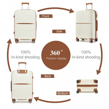 KSK2591 - Kono 20/24/28 inch PP Modern Scratch-Resistant Suitcase Set with TSA Lock & Stylish Brown Accents - Cream and Brown