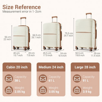 KSK2591 - Kono 20/24/28 inch PP Modern Scratch-Resistant Suitcase Set with TSA Lock & Stylish Brown Accents - Cream and Brown