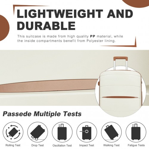 KSK2591 - Kono 20/24/28 inch PP Modern Scratch-Resistant Suitcase Set with TSA Lock & Stylish Brown Accents - Cream and Brown