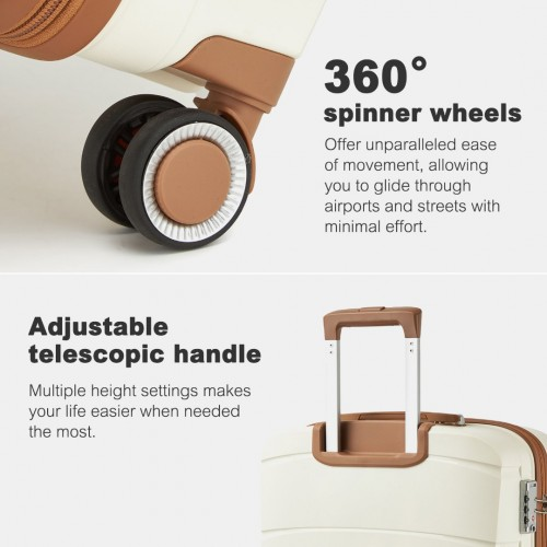 KSK2591 - Kono 20/24/28 inch PP Modern Scratch-Resistant Suitcase Set with TSA Lock & Stylish Brown Accents - Cream and Brown
