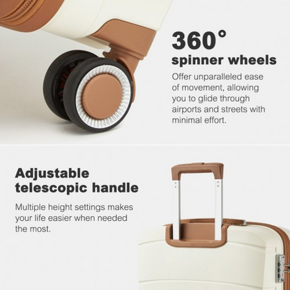 KSK2591 - Kono 20/24/28 inch PP Modern Scratch-Resistant Suitcase Set with TSA Lock & Stylish Brown Accents - Cream and Brown
