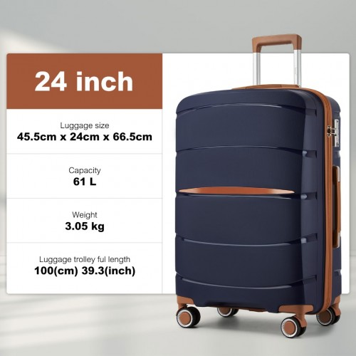KSK2591 - Kono 24-Inch PP Modern Scratch-Resistant Medium Suitcase with TSA Lock & Stylish Brown Accents - Navy and Brown