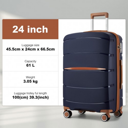 KSK2591 - Kono 24-Inch PP Modern Scratch-Resistant Medium Suitcase with TSA Lock & Stylish Brown Accents - Navy and Brown