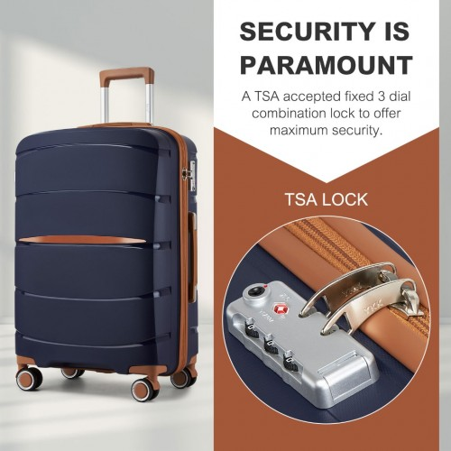 KSK2591 - Kono 24-Inch PP Modern Scratch-Resistant Medium Suitcase with TSA Lock & Stylish Brown Accents - Navy and Brown