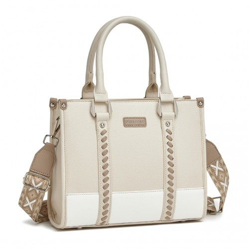 Miss Lulu PU Leather Tote Bag with Woven Trim and Detachable Ethnic Strap - Beige