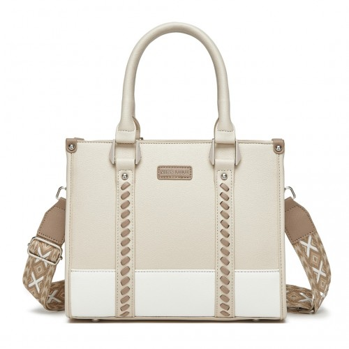 Miss Lulu PU Leather Tote Bag with Woven Trim and Detachable Ethnic Strap - Beige