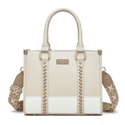 Miss Lulu PU Leather Tote Bag with Woven Trim and Detachable Ethnic Strap - Beige