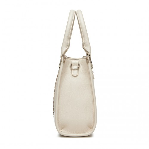 Miss Lulu PU Leather Tote Bag with Woven Trim and Detachable Ethnic Strap - Beige