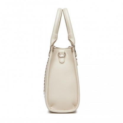 Miss Lulu PU Leather Tote Bag with Woven Trim and Detachable Ethnic Strap - Beige