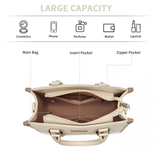 Miss Lulu PU Leather Tote Bag with Woven Trim and Detachable Ethnic Strap - Beige