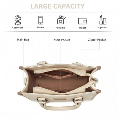 Miss Lulu PU Leather Tote Bag with Woven Trim and Detachable Ethnic Strap - Beige