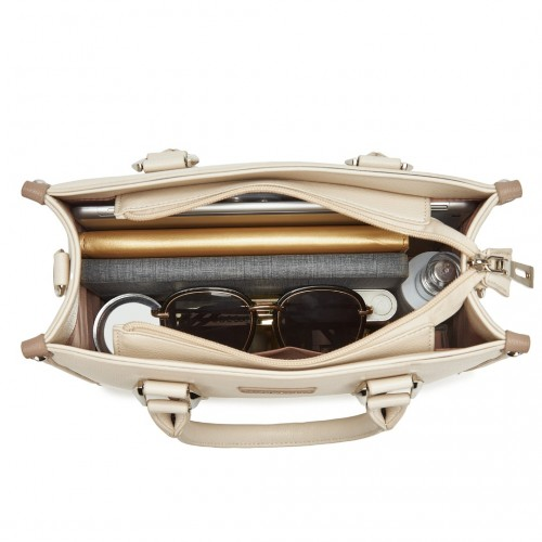 Miss Lulu PU Leather Tote Bag with Woven Trim and Detachable Ethnic Strap - Beige