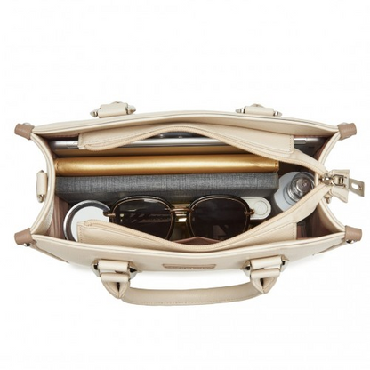 Miss Lulu PU Leather Tote Bag with Woven Trim and Detachable Ethnic Strap - Beige