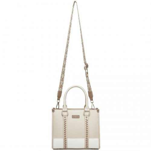Miss Lulu PU Leather Tote Bag with Woven Trim and Detachable Ethnic Strap - Beige