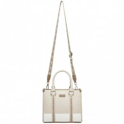 Miss Lulu PU Leather Tote Bag with Woven Trim and Detachable Ethnic Strap - Beige