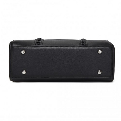 Miss Lulu PU Leather Spacious Tote Bag with Woven Trim and Detachable Ethnic Strap - Black