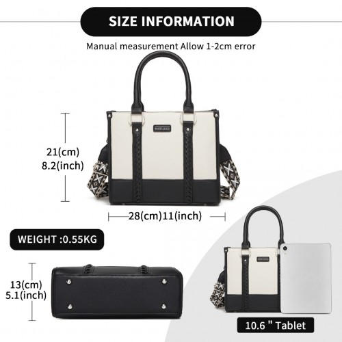 Miss Lulu PU Leather Spacious Tote Bag with Woven Trim and Detachable Ethnic Strap - Black