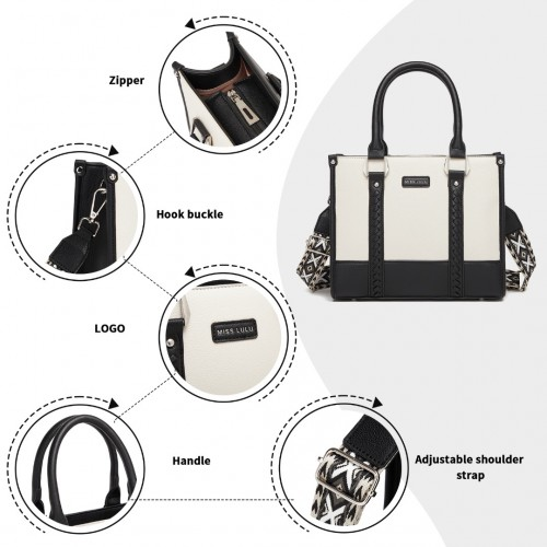 Miss Lulu PU Leather Spacious Tote Bag with Woven Trim and Detachable Ethnic Strap - Black