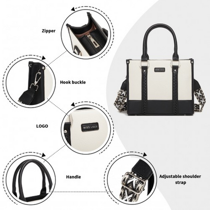 Miss Lulu PU Leather Spacious Tote Bag with Woven Trim and Detachable Ethnic Strap - Black