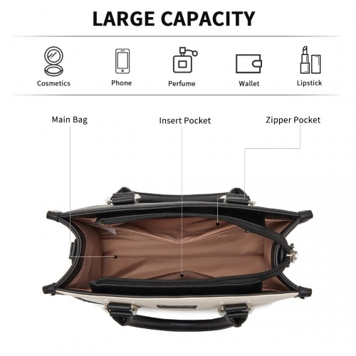 Miss Lulu PU Leather Spacious Tote Bag with Woven Trim and Detachable Ethnic Strap - Black