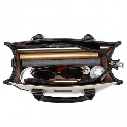 Miss Lulu PU Leather Spacious Tote Bag with Woven Trim and Detachable Ethnic Strap - Black