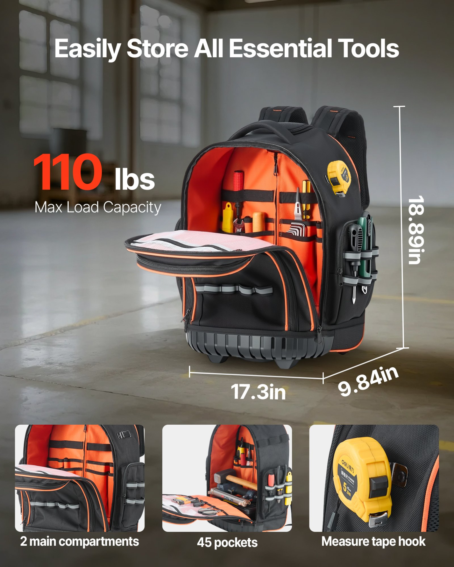 VEVOR Rolling Tool Backpack - 110 lbs Load Capacity, 45 Pockets, Heavy Duty Roller Tool Bag with Wheels, Adjustable Telescoping Handle & Stable Base for Construction & Mechanics