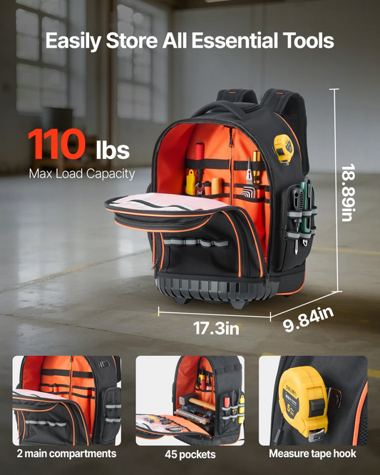 VEVOR Rolling Tool Backpack - 110 lbs Load Capacity, 45 Pockets, Heavy Duty Roller Tool Bag with Wheels, Adjustable Telescoping Handle & Stable Base for Construction & Mechanics