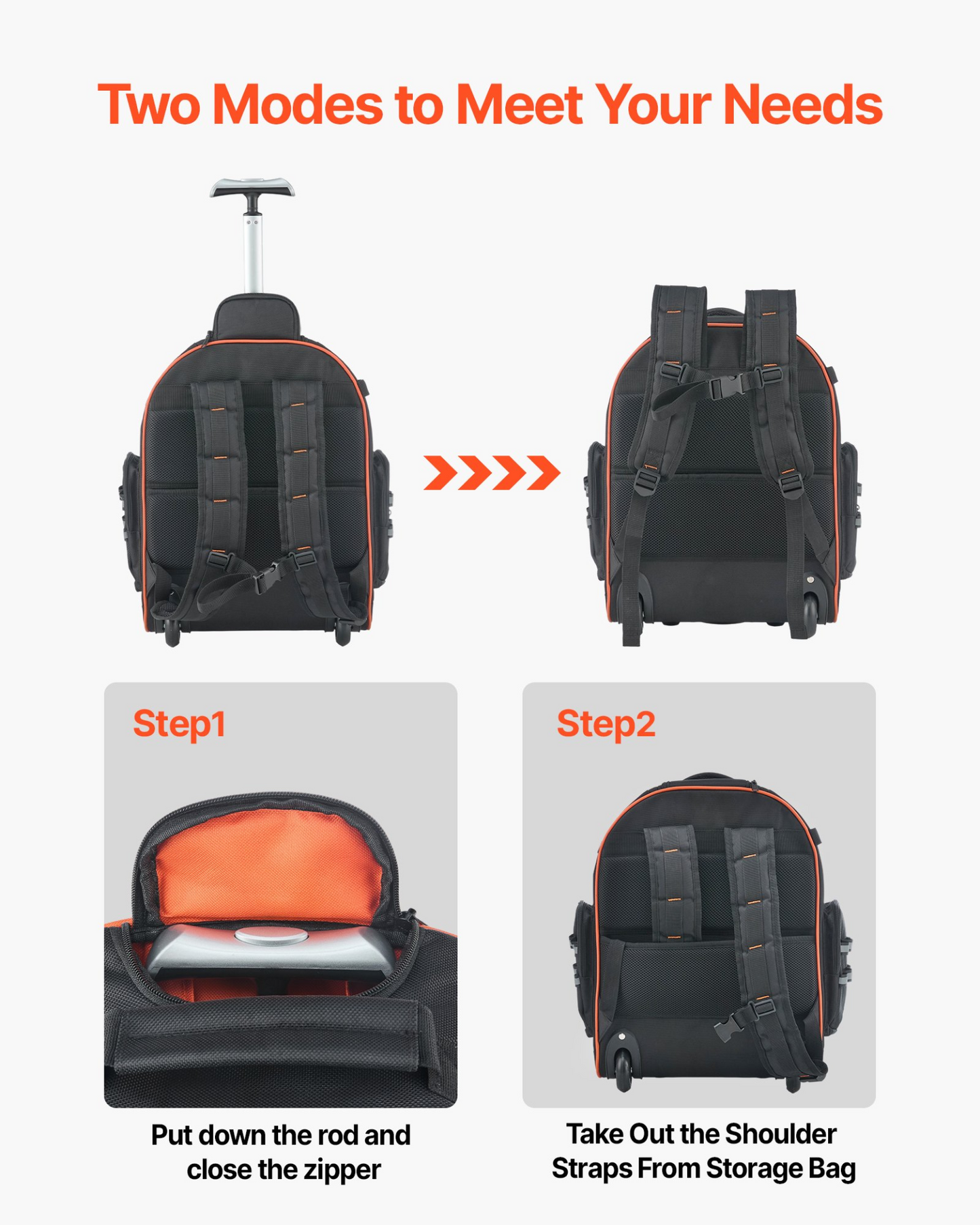 VEVOR Rolling Tool Backpack - 110 lbs Load Capacity, 45 Pockets, Heavy Duty Roller Tool Bag with Wheels, Adjustable Telescoping Handle & Stable Base for Construction & Mechanics