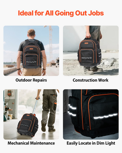 VEVOR Rolling Tool Backpack - 110 lbs Load Capacity, 45 Pockets, Heavy Duty Roller Tool Bag with Wheels, Adjustable Telescoping Handle & Stable Base for Construction & Mechanics