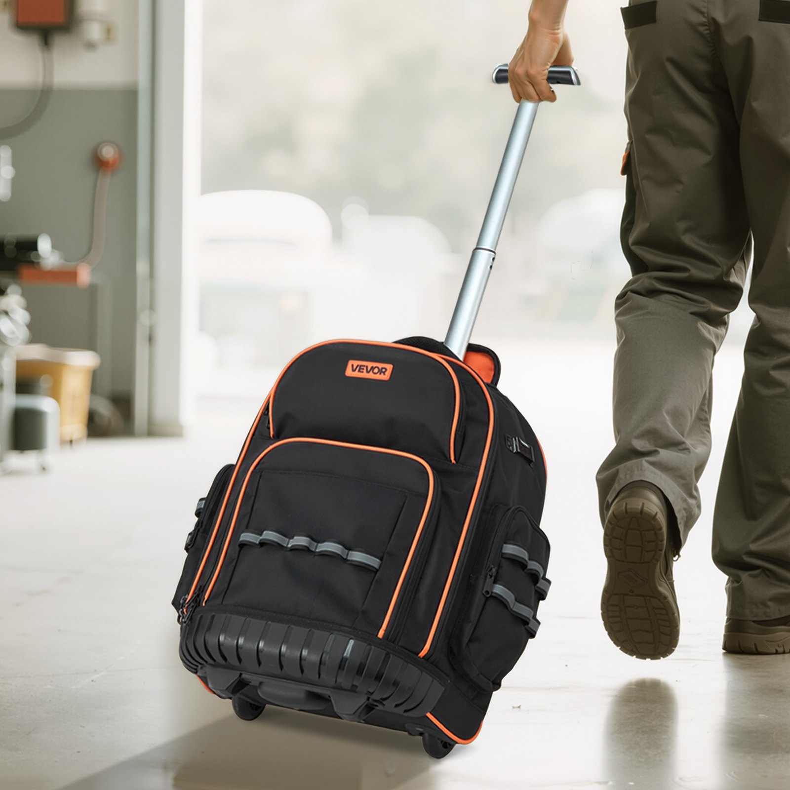 VEVOR Rolling Tool Backpack - 110 lbs Load Capacity, 45 Pockets, Heavy Duty Roller Tool Bag with Wheels, Adjustable Telescoping Handle & Stable Base for Construction & Mechanics