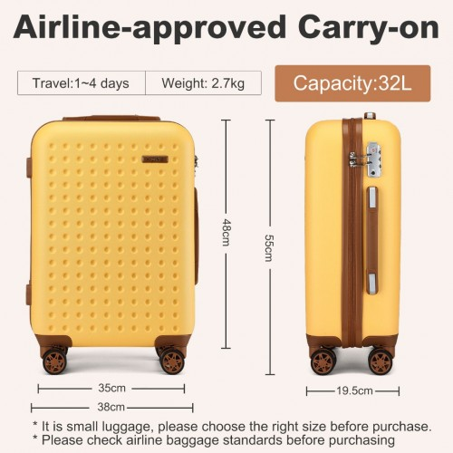 Kono Stylish 20 Inch Polka Dot Hard Shell Cabin Suitcase with TSA Lock - Yellow and Brown