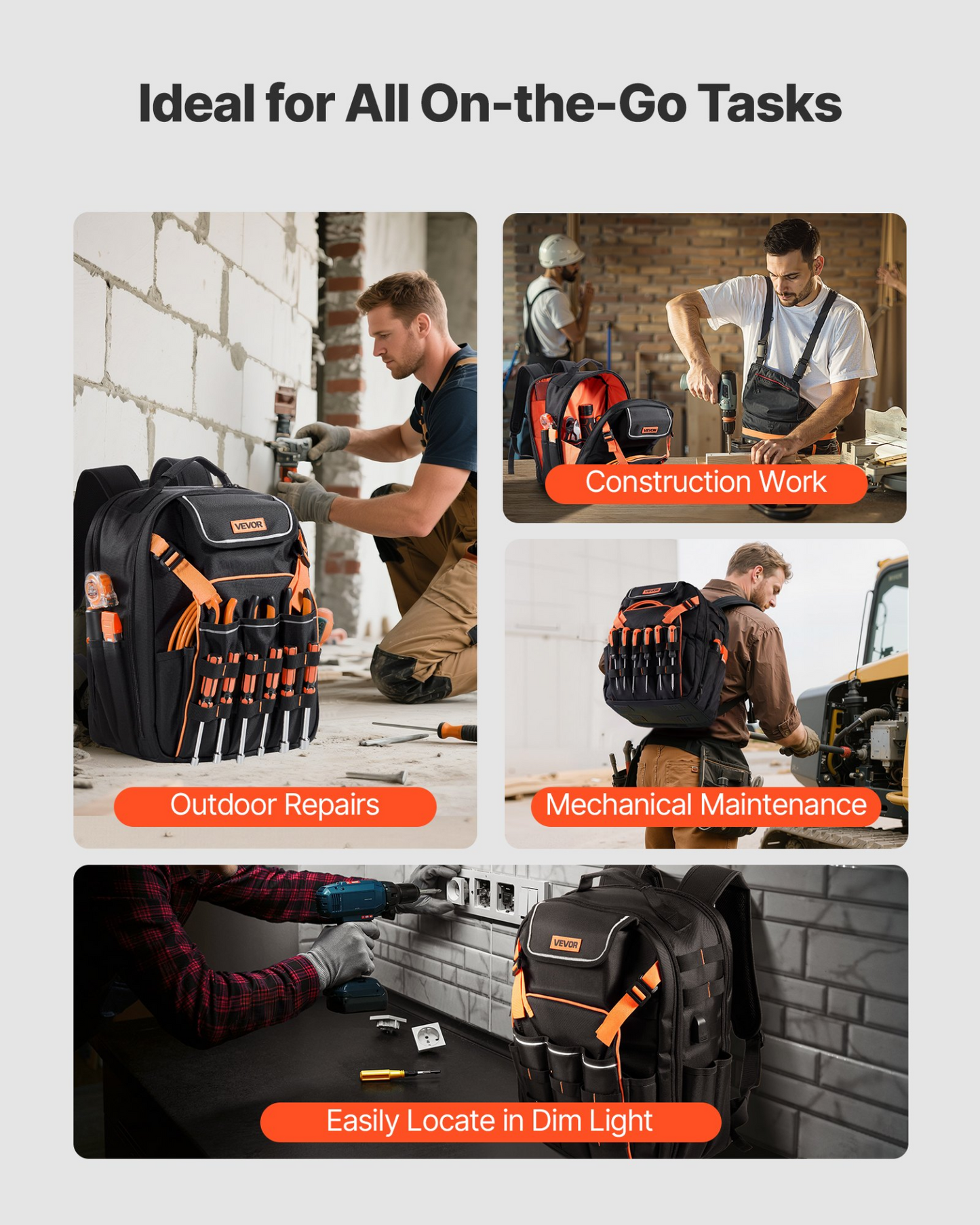 VEVOR Heavy-Duty Tool Backpack, 45 Pockets, Reinforced Base, Laptop Compartment – Ideal for Electricians & Repairmen