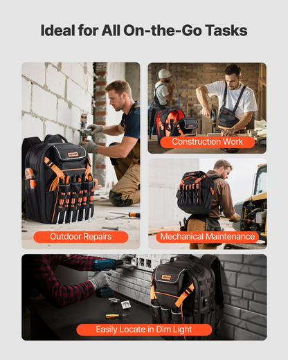 VEVOR Heavy-Duty Tool Backpack, 45 Pockets, Reinforced Base, Laptop Compartment – Ideal for Electricians & Repairmen