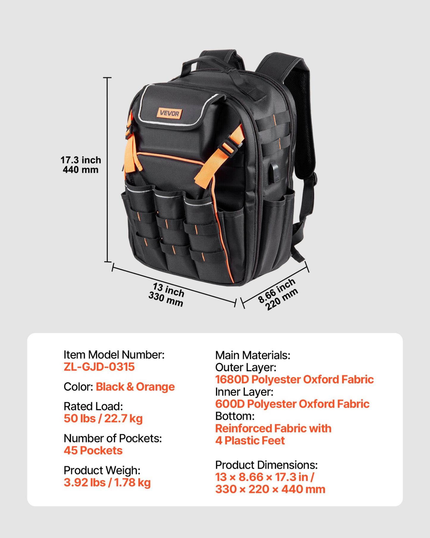 VEVOR Heavy-Duty Tool Backpack, 45 Pockets, Reinforced Base, Laptop Compartment – Ideal for Electricians & Repairmen