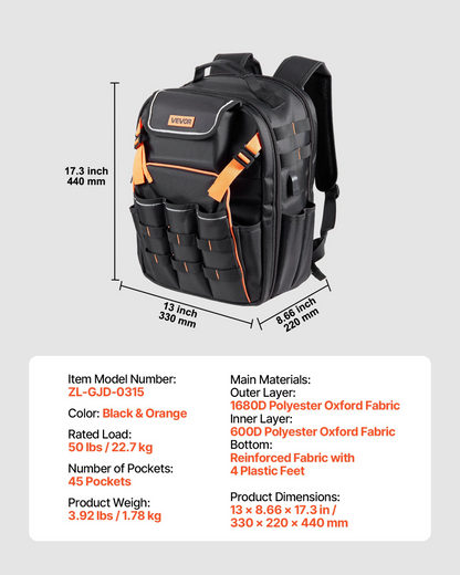 VEVOR Heavy-Duty Tool Backpack, 45 Pockets, Reinforced Base, Laptop Compartment – Ideal for Electricians & Repairmen