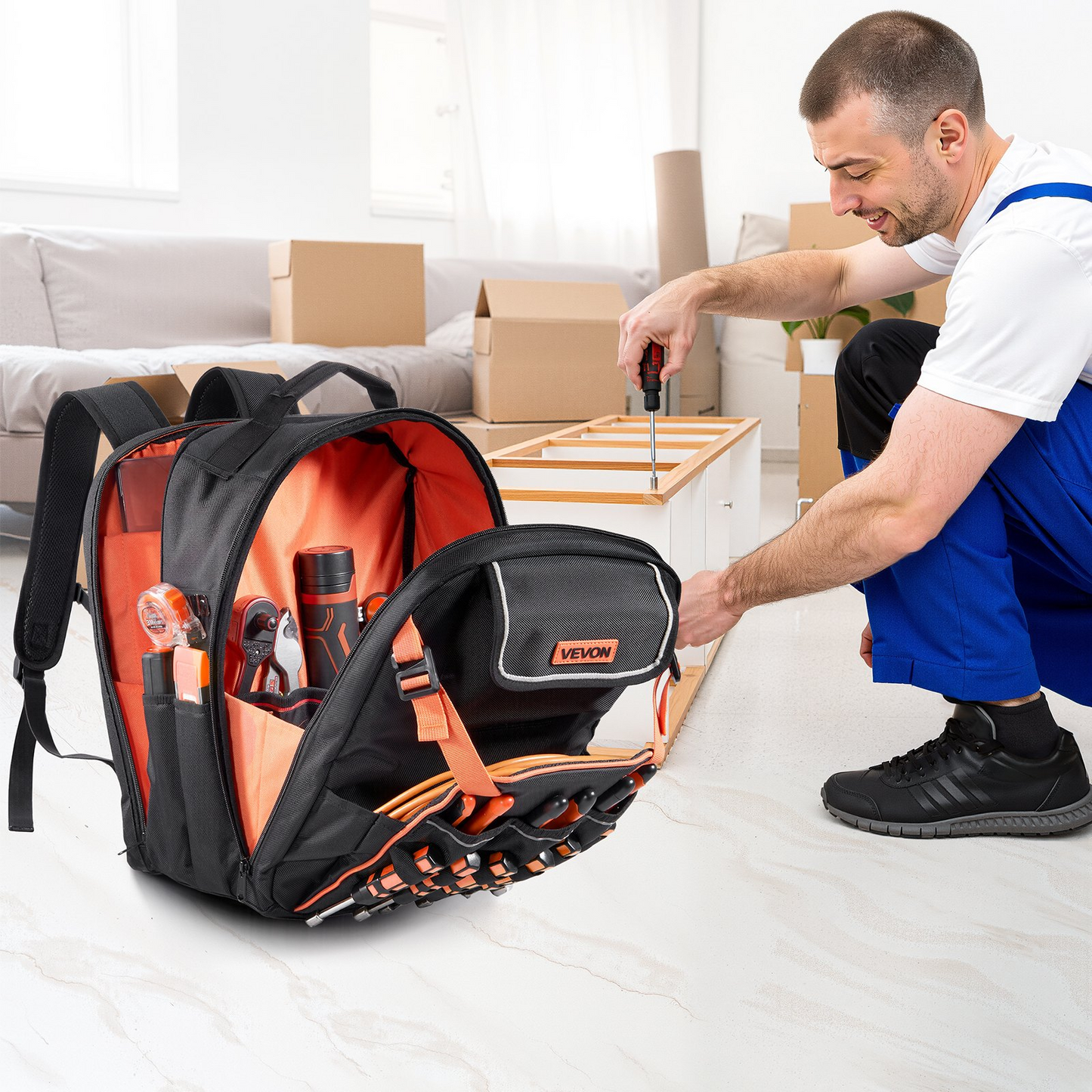 VEVOR Heavy-Duty Tool Backpack, 45 Pockets, Reinforced Base, Laptop Compartment – Ideal for Electricians & Repairmen
