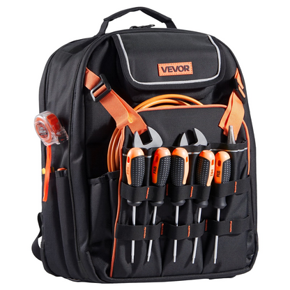 VEVOR Heavy-Duty Tool Backpack, 45 Pockets, Reinforced Base, Laptop Compartment – Ideal for Electricians & Repairmen