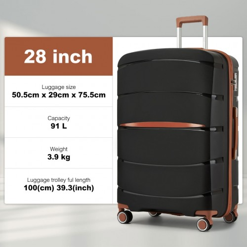 KSK2591 - Kono 28-Inch PP Modern Scratch-Resistant Large Suitcase with TSA Lock & Stylish Brown Accents - Black and Brown