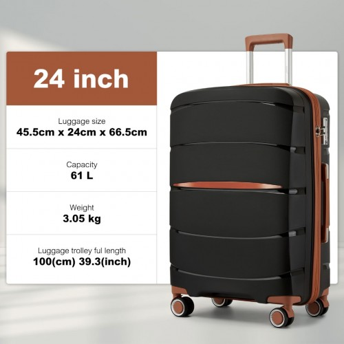 KSK2591 - Kono 24-Inch PP Modern Scratch-Resistant Medium Suitcase with TSA Lock & Stylish Brown Accents - Black and Brown