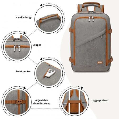 Kono Multi-purpose Business Carry-On Backpack – Fits 15.6" Laptop, Ideal for Work, Travel & Daily Commute - Grey and Brown