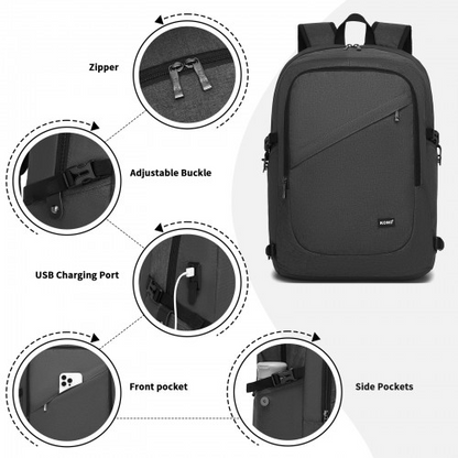 Kono Modern Urban Style Laptop Backpack – School & Commuter Rucksack with USB & Type-C Charging Port - Dark Grey