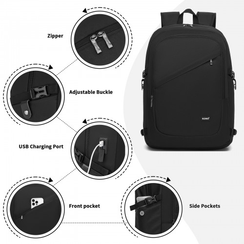 Kono Modern Urban Style Laptop Backpack - School & Commuter Rucksack with USB & Type-C Charging Port - Black
