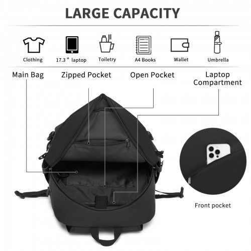 Kono Modern Urban Style Laptop Backpack - School & Commuter Rucksack with USB & Type-C Charging Port - Black