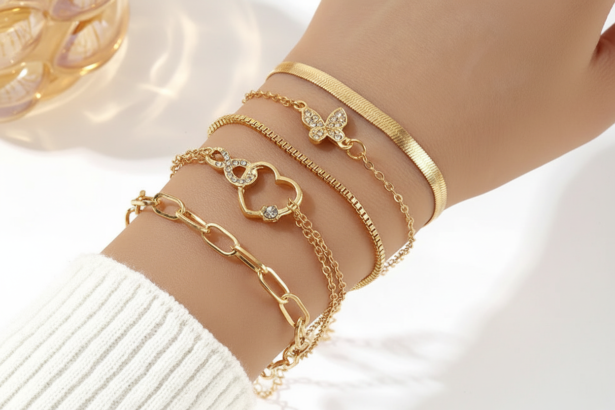 5Pcs Vintage Metal Flat Snake Chain Box Chain Bracelet Set Women's