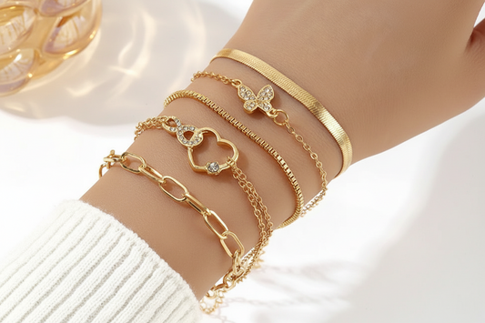 5Pcs Vintage Metal Flat Snake Chain Box Chain Bracelet Set Women's