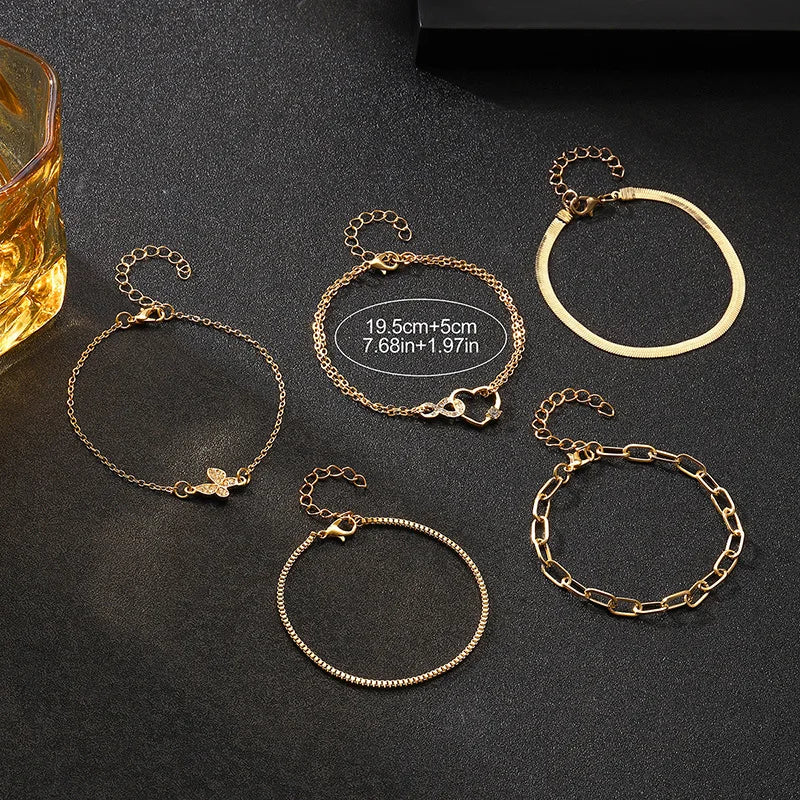 5Pcs Vintage Metal Flat Snake Chain Box Chain Bracelet Set Women's
