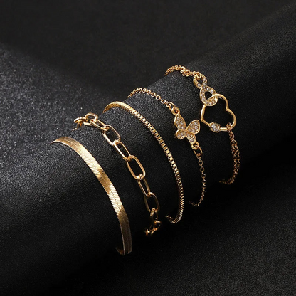 5Pcs Vintage Metal Flat Snake Chain Box Chain Bracelet Set Women's