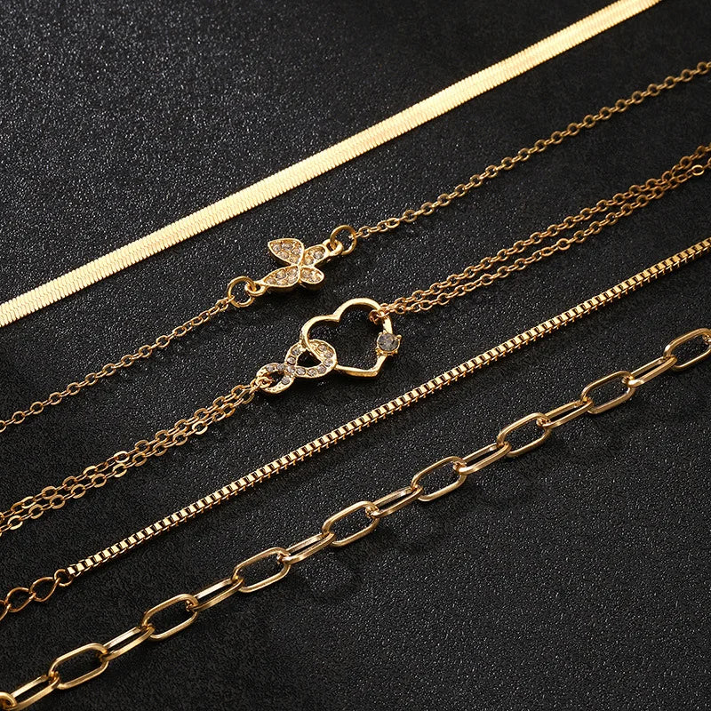 5Pcs Vintage Metal Flat Snake Chain Box Chain Bracelet Set Women's