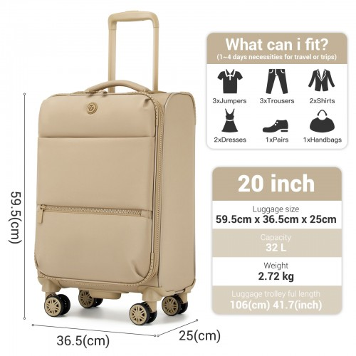 20 inch Women's Lightweight Softshell Suitcase with Spinner Wheels and Spacious Compartments - Khaki
