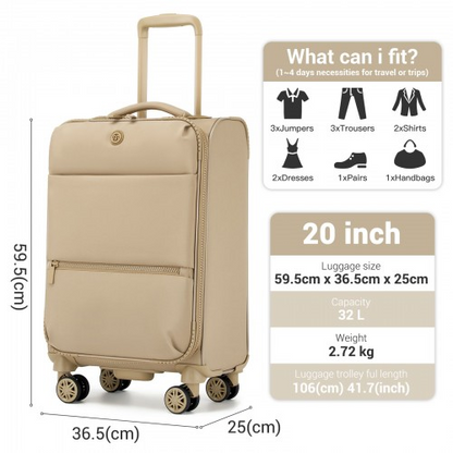 20 inch Women's Lightweight Softshell Suitcase with Spinner Wheels and Spacious Compartments - Khaki